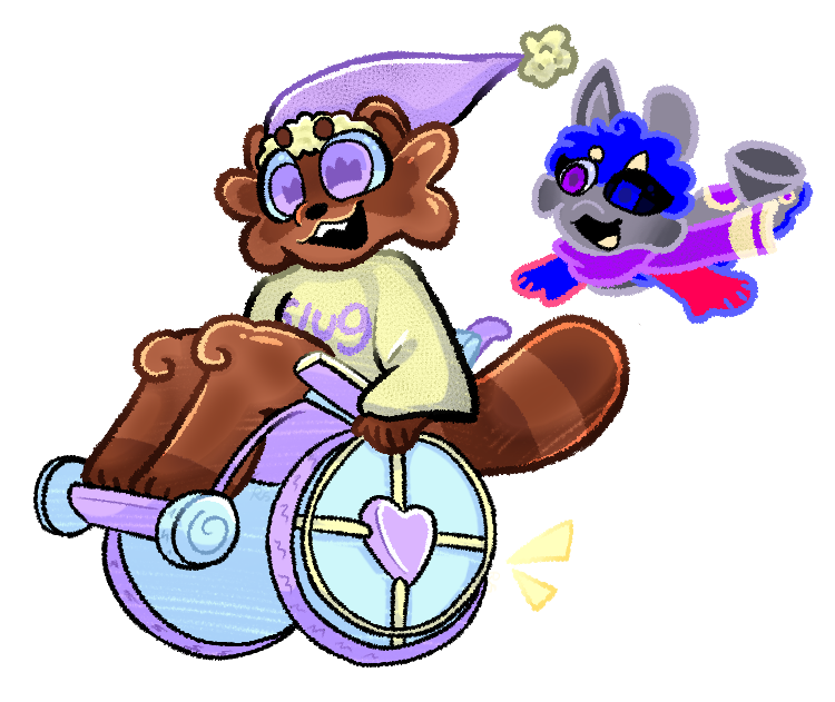 Coffee Bean and Sluggy Coffee Bean is a brown gummy raccoon. They have a yellow oversized sweater with the word slug written in purple. There doing a wheely in there wheelchair! Next to them is there imaginary friend sluggy who its a gray slug with oddly colored spots. Sluggy ha